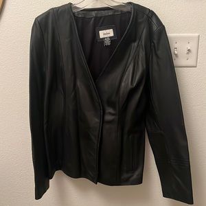 Neiman Marcus XL black leather mid length leather coat in excellent condition.